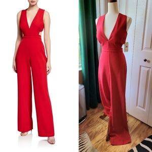 Red Plunge-Neck Sleeveless Crepe Jumpsuit with Cutouts